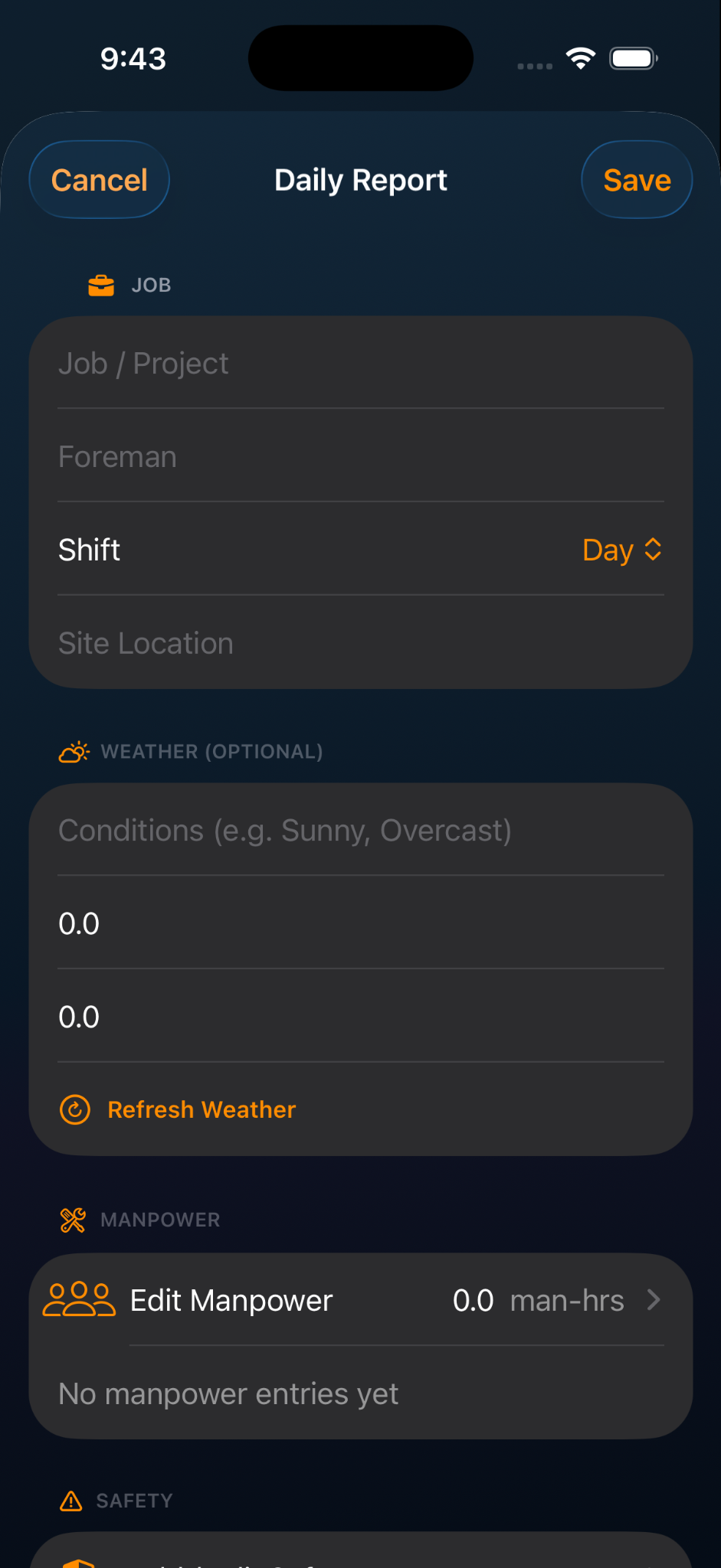 Daily Report Form Screenshot
